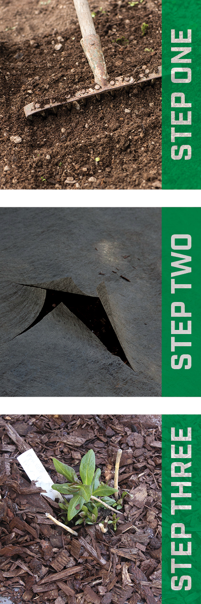 Step one, step two, and step three of hardscape fabric installation