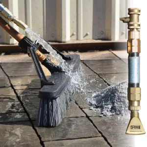 SRW Jet Sweep product. The Jet Sweep is an attachable sprayer that fit onto most brooms, squeegees, deck brushes, and more.